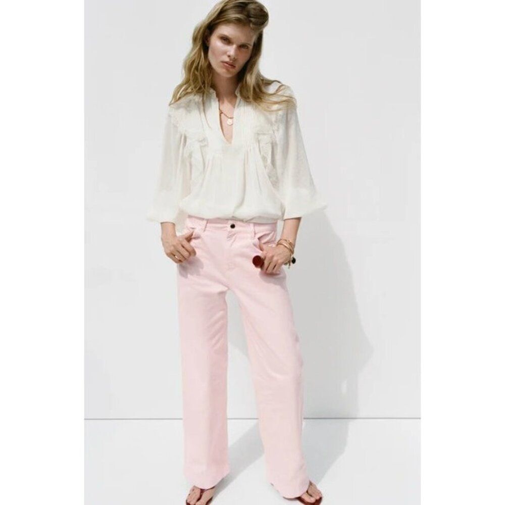 Zara Womens Jeans EU 38 US 6 Wide Leg Pink High Waist Regular Fit 3078/630 NWT - Picture 3 of 16